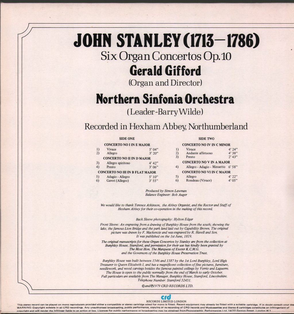 Gerald Gifford / Northern Sinfonia Orchestra - John Stanley - Six Organ Concertos Op.10 - Lp