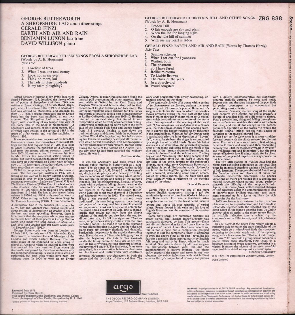 Benjamin Luxon / David Willison - A Shropshire Lad And Other Songs - Lp