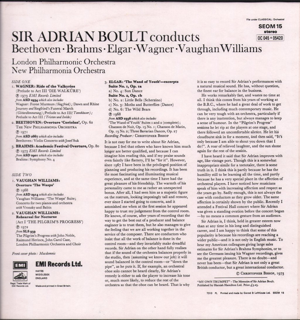 Sir Adrian Boult / London Philharmonic Orchestra / New Philharmonia Orchestra - Sir Adrian Boult Conducts Beethoven / Brahms / Elgar / Wagner / Vaughan Williams - Lp