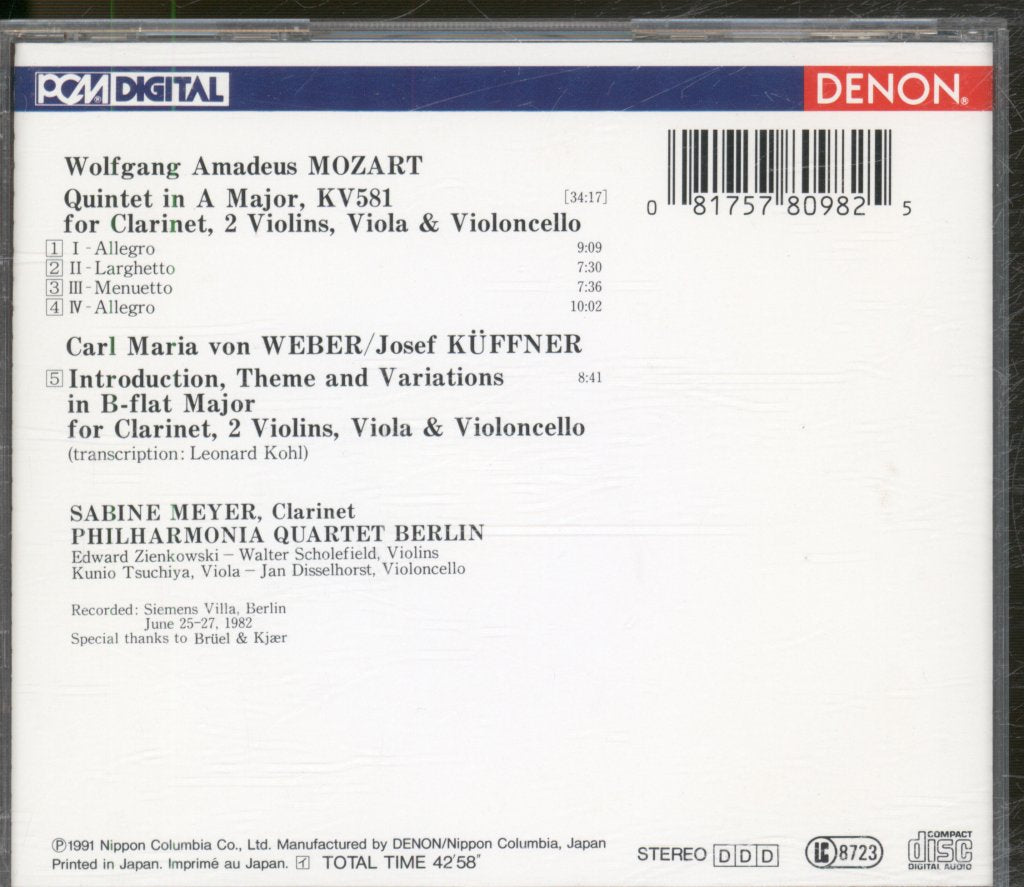 Sabine Meyer, Philharmonia Quartet Berlin - Mozart - Clarinet Quintet In A Major, KV581 / Introduction, Theme & Variations - Cd