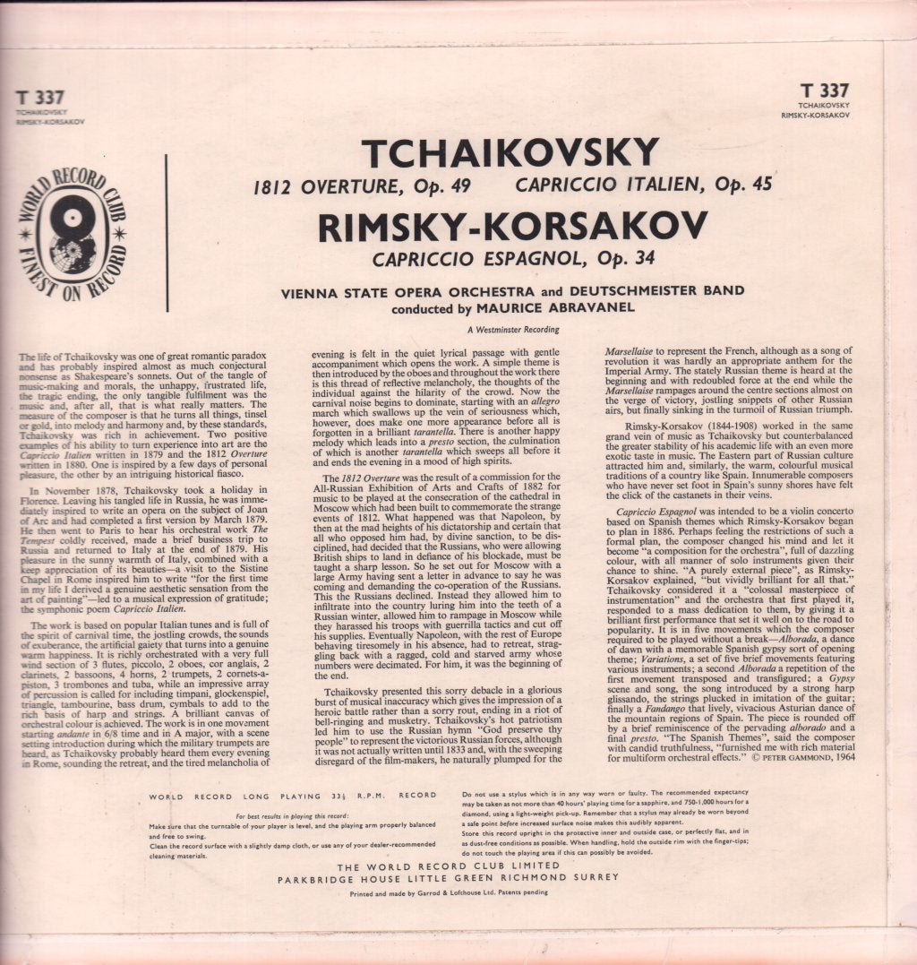 Vienna State Opera Orchestra / Maurice Abravanel - Tchaikovsky 1812 Overture / Rimsky-Korsakov - Capriccio Espagnol - Lp