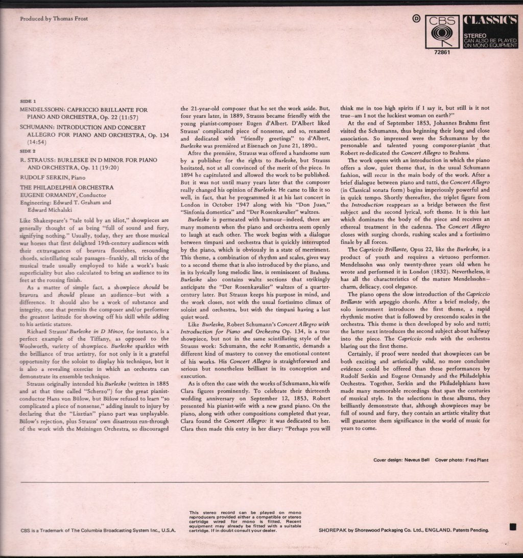Rudolf Serkin / Philadelphia Orchestra / Eugene Ormandy - Strauss - Burleske In D Minor / Schumann / Mendelssohn - Lp