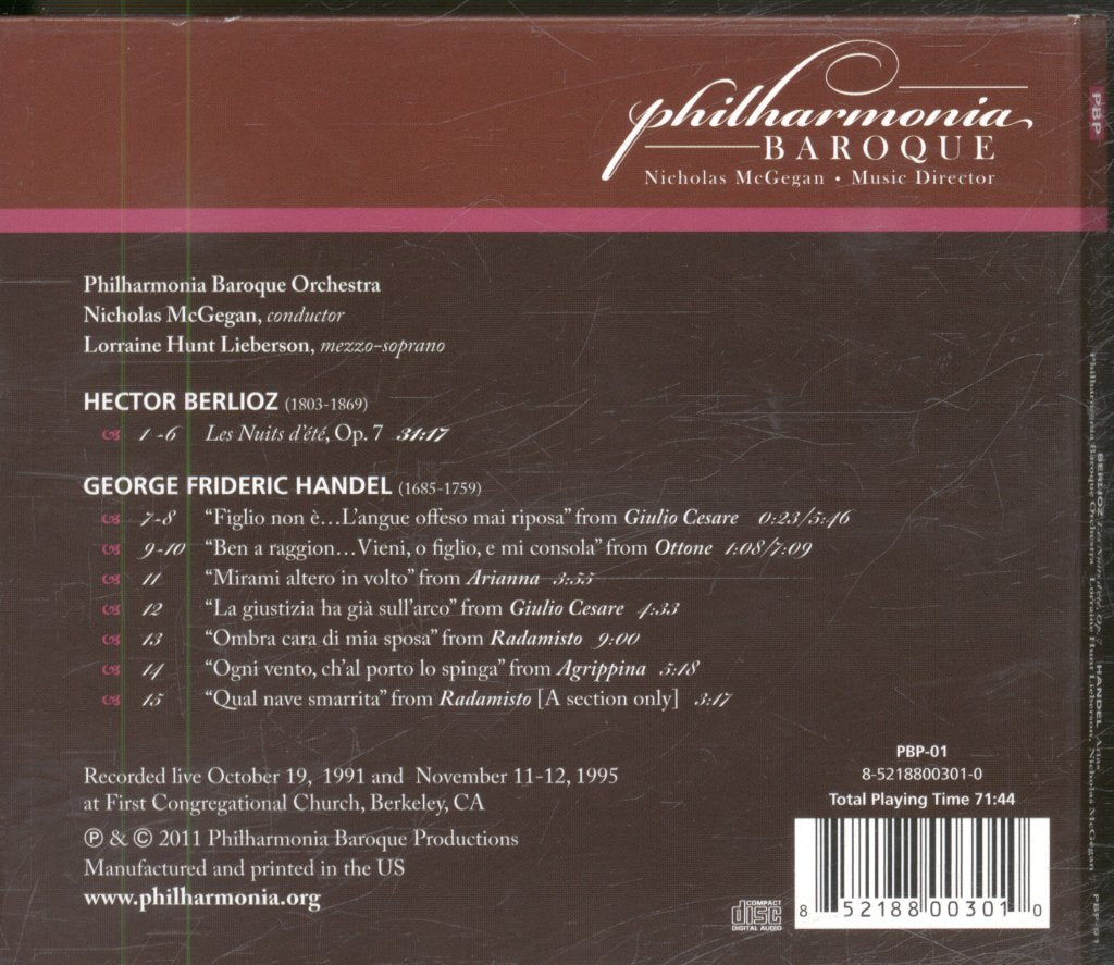 Philharmonia Baroque Orchestra, Nicholas McGegan - Berlioz, Handel - Les Nuits d'Été, Arias - Cd