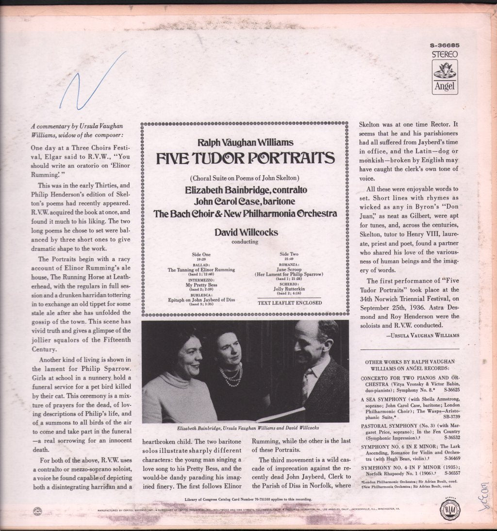 Elizabeth Bainbridge / John Carol Case / New Philharmonia Orchestra / David Willcocks - Ralph Vaughan Williams - Five Tudor Portraits - Lp