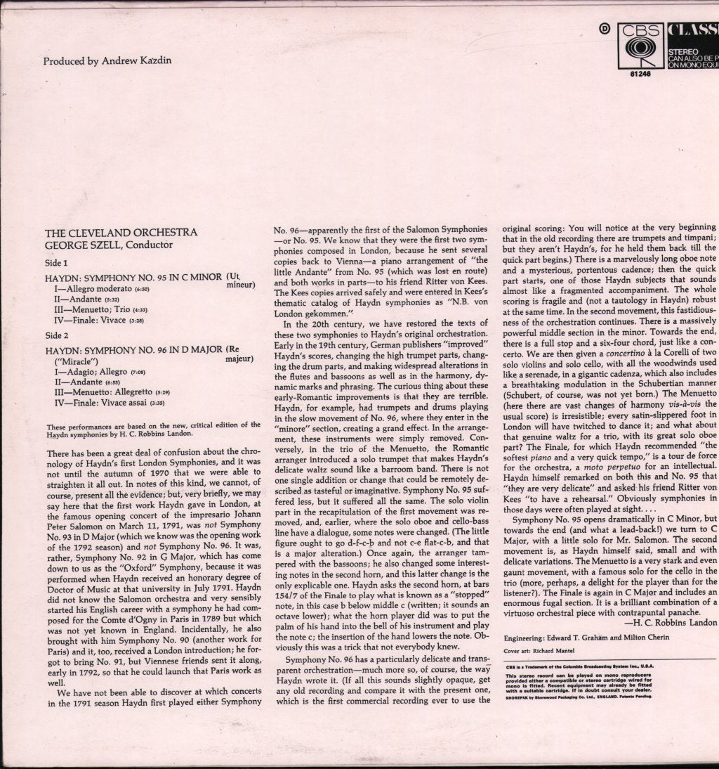 George Szell / Cleveland Orchestra - Szell Conducts Haydn: Symphony No. 95, Symphony No. 96 "Miracle" - Lp