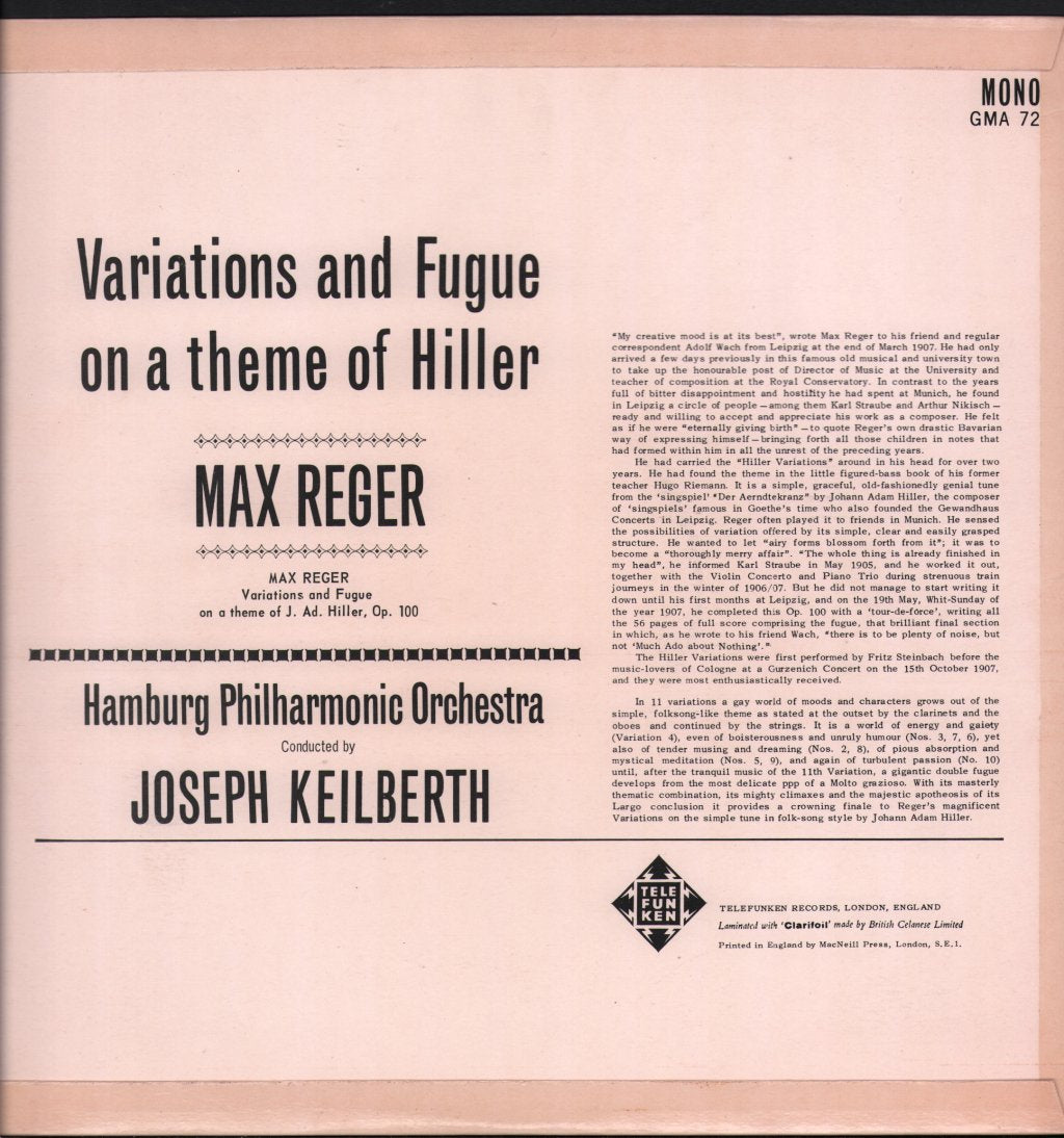 Joseph Keilbert / Hamburg Philharmonic Orchestra - Max Reger - Variations And Fugue On A Theme Of Hiller - Lp