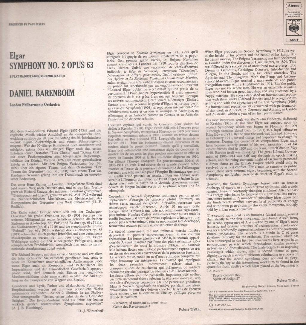 Daniel Barenboim / London Phailharmonic Orchestra - Barenboim Conducts Elgar - Symphony No. 2 - Lp