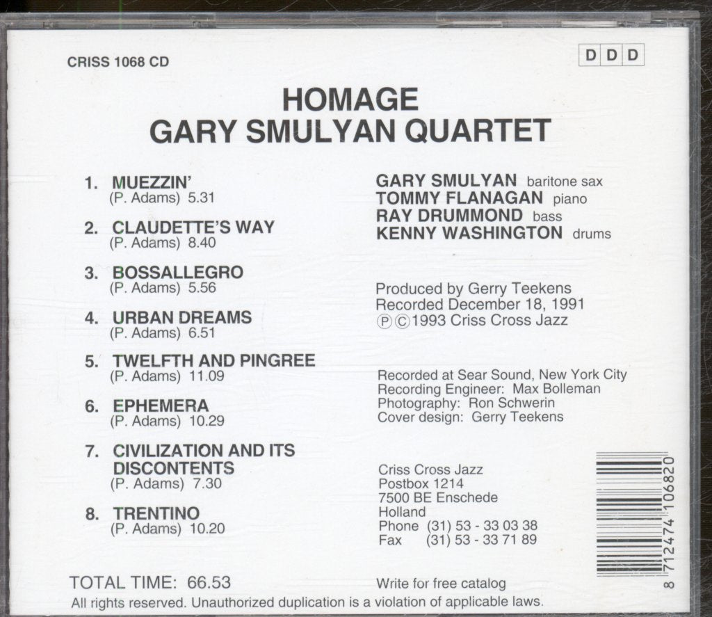 Gary Smulyan Quartet Featuring Tommy Flanagan - Homage - Cd