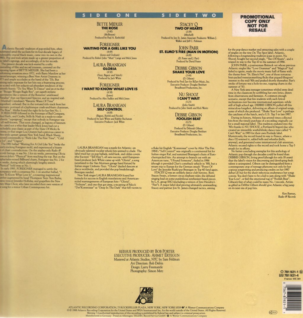 Various Artists - Atlantic Hit Singles 1980-1988 - Lp