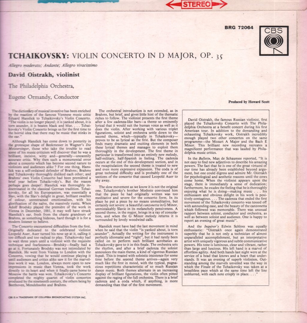 David Oistrakh / Philadelphia Orchestra Eugene Ormandy - Tchaikovsky Violin Concerto In D - Lp