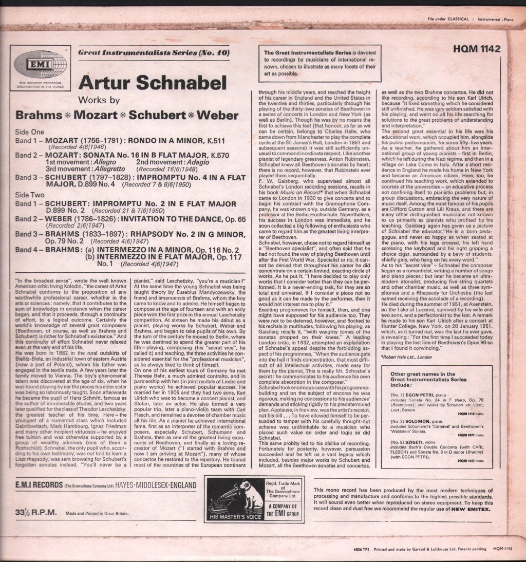 Artur Schnabel - Great Instrumentalists 10 - Brahms / Mozart / Schubert - Lp