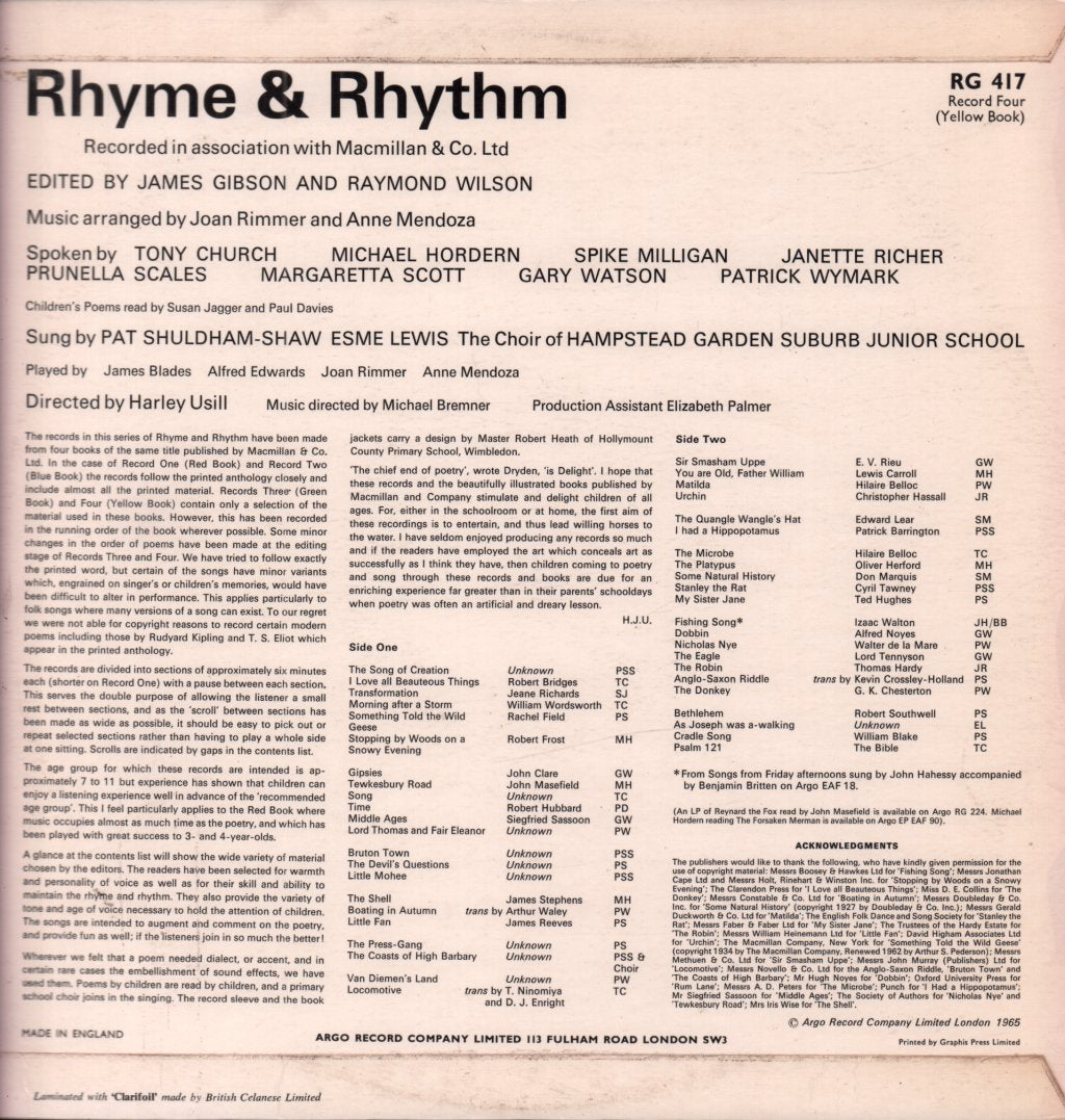 Various Artists - Rhyme & Rhythm: Poems And Songs For Children: Record 4 - Yellow Book - Lp