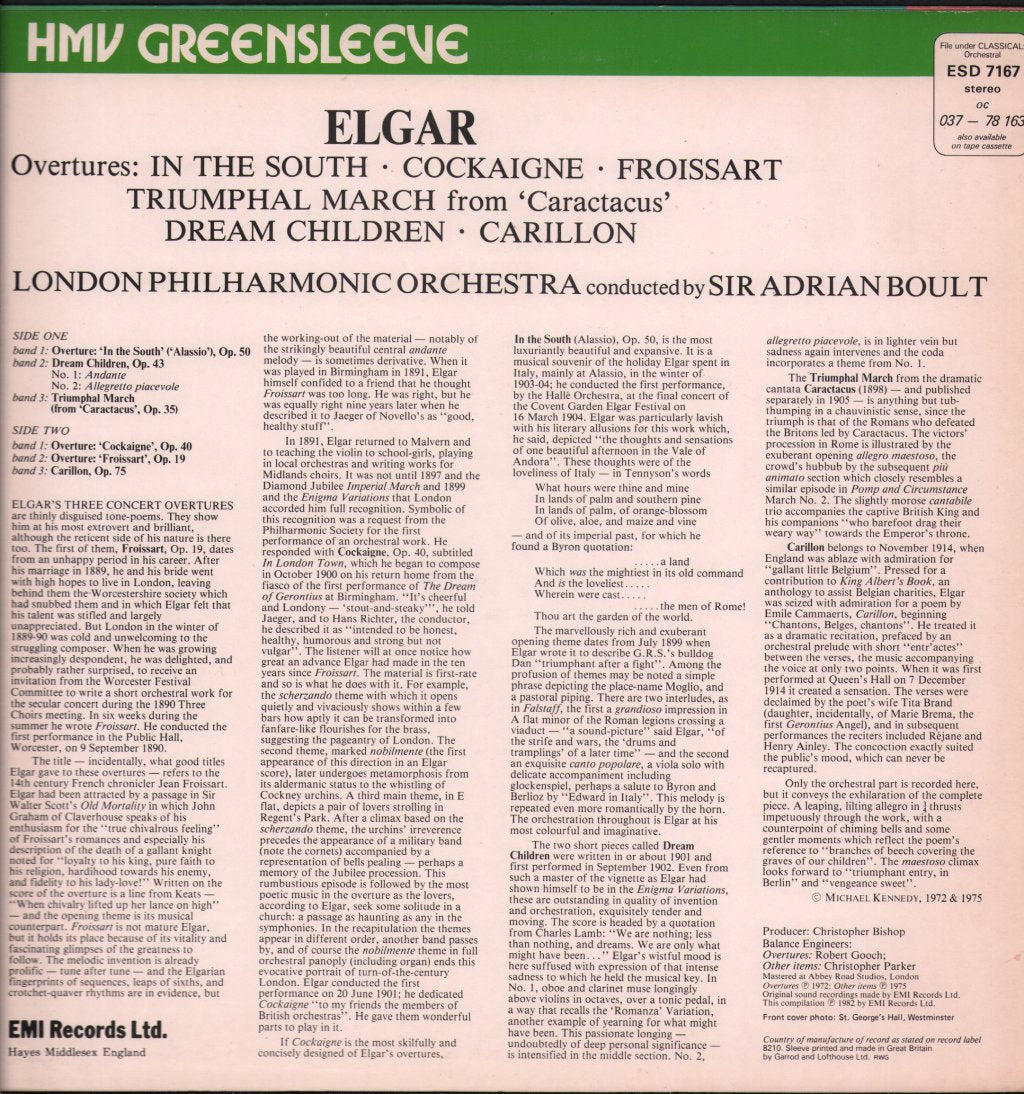Sir Adrian Boult / London Philharmonic Orchestra - Elgar Overtures - Cockaigne / Froissart / In The South - Lp