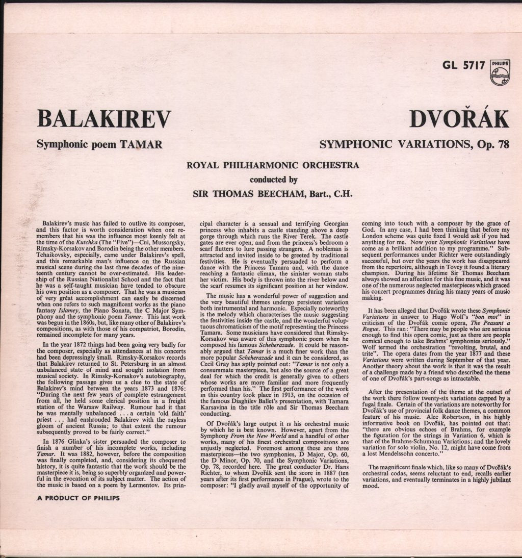 Sir Thomas Beecham / Royal Philharmonic Orchestra - Balakirev - Tamar / Dvorak - Symphonic Variations - Lp