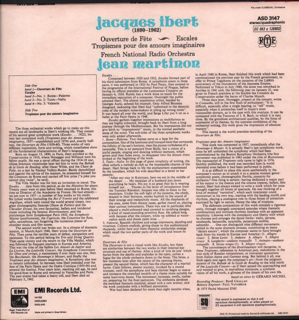 Jean Martinon / National Orchestra Of The O.R.T.F. - Jacques Ibert - Escales / Ouverture De Fête / Tropismes - Lp