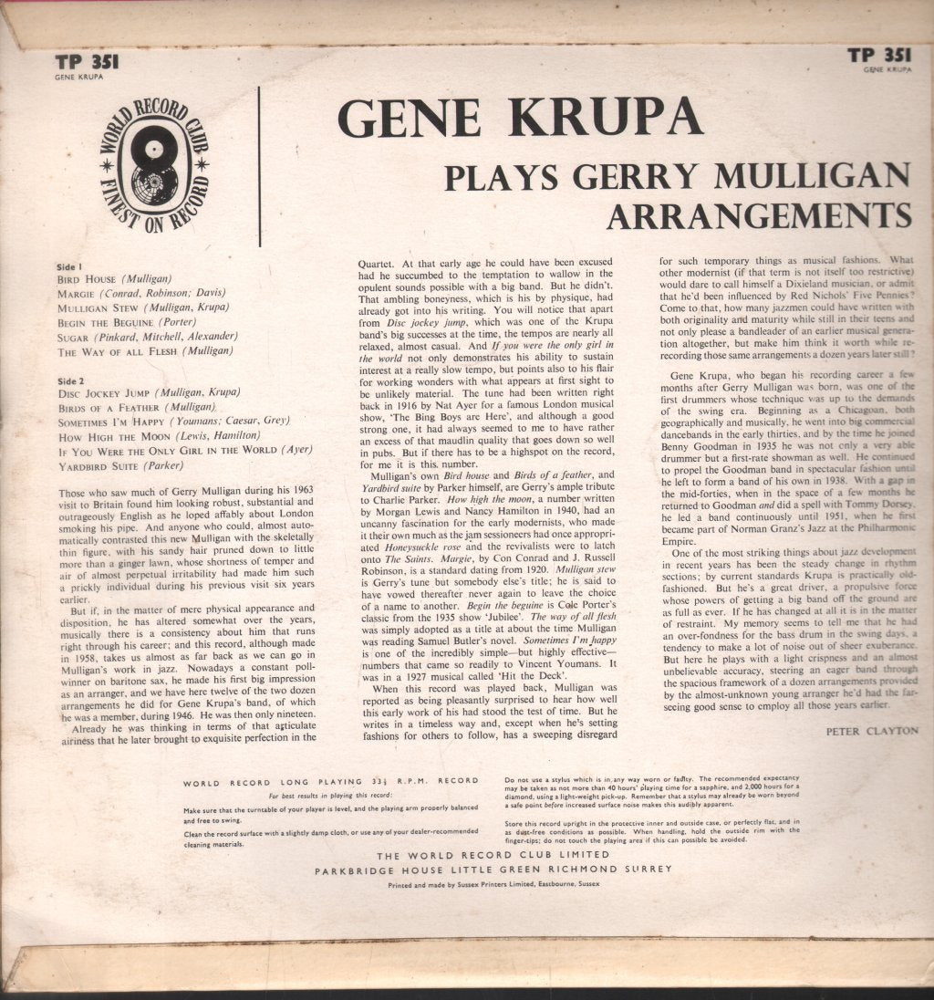 Gene Krupa - Plays Gerry Mulligan Arrangements - Lp