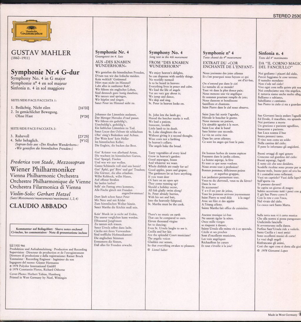 Claudio Abbado / Vienna Philharmonic Orchestra - Mahler Symphony No.4 - Lp