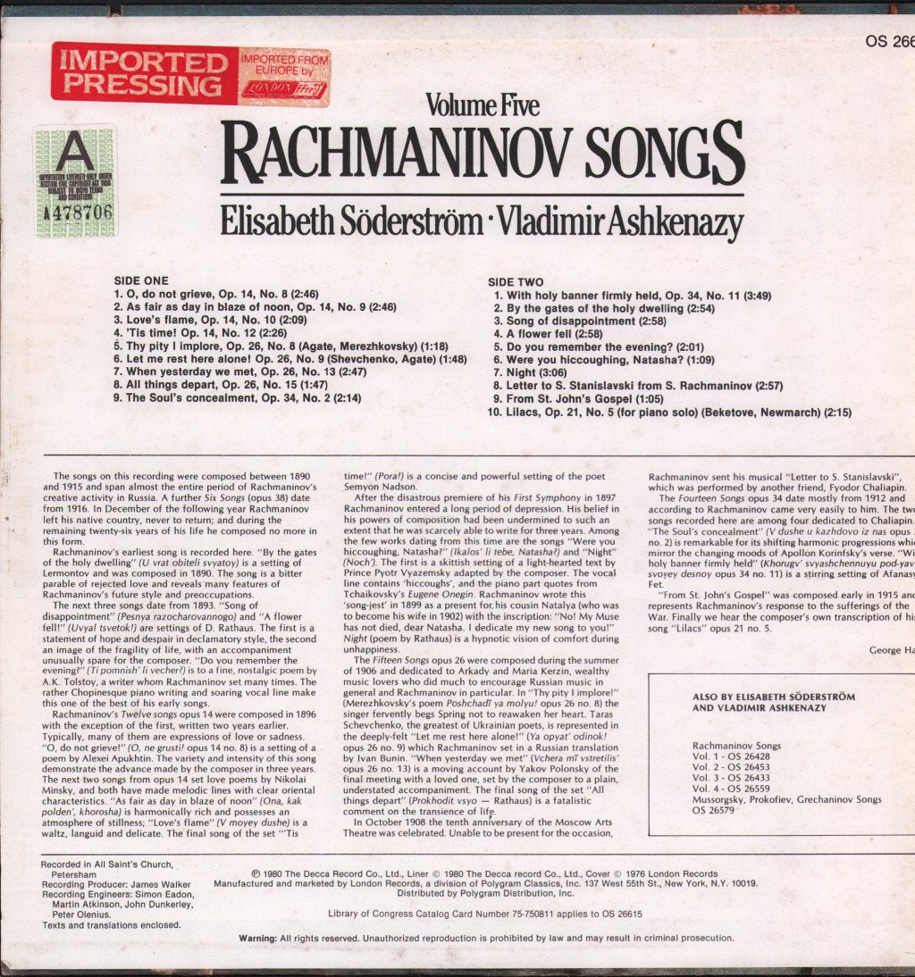 Elisabeth Soderstrom / Vladimir Ashkenazy - Rachmaninov Songs - Lp