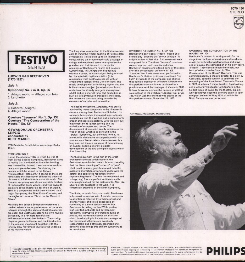 Kurt Masur / Gewandhaus Orchestra Leipzig - Beethoven Symphony No. 2 - Overtures Leonore No.1 - Consecration of the House - Lp
