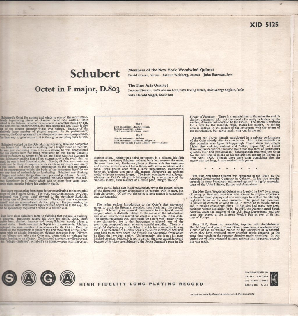 Members Of The Fine Arts Quartet - Schubert - Octet In F - Lp