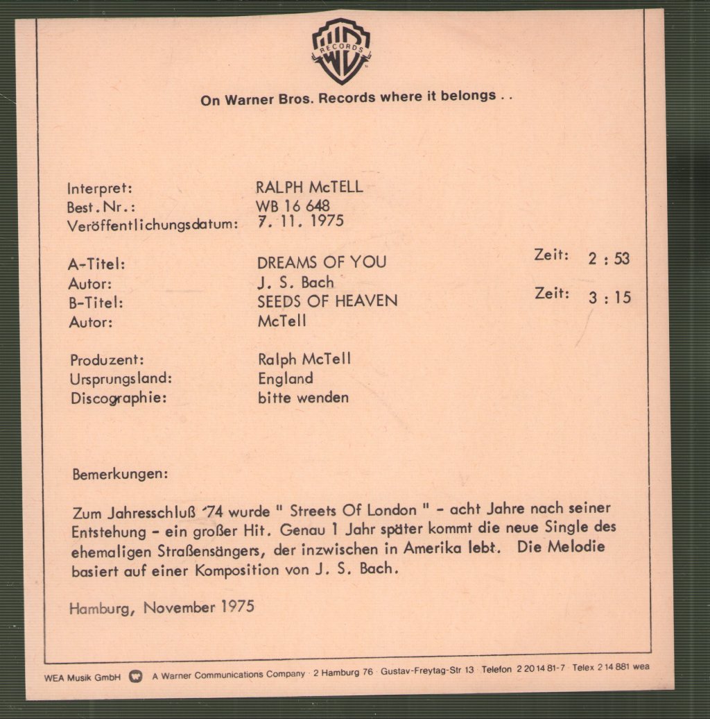 Ralph McTell - Dreams Of You - 7 Inch