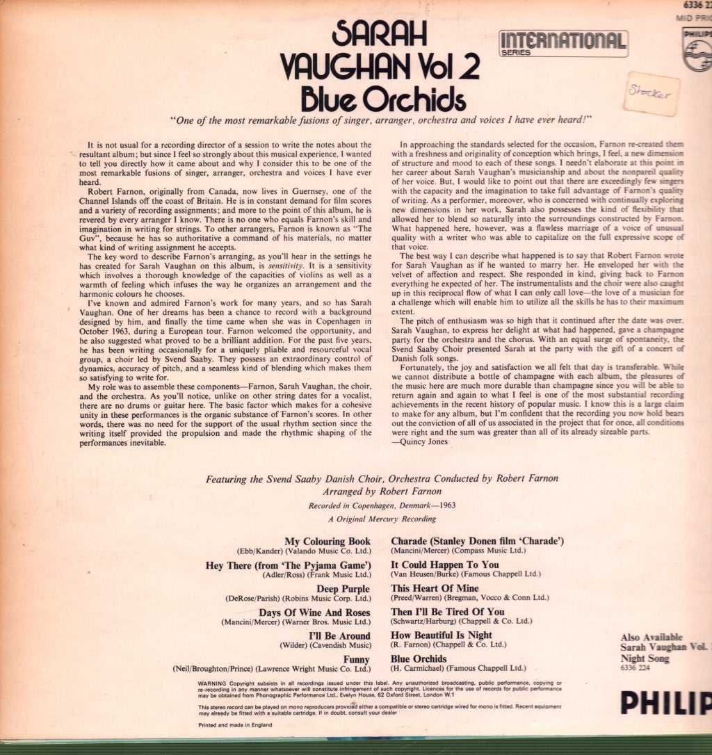 Sarah Vaughan - Sarah Vaughan Vol 2 (Blue Orchids) - Lp