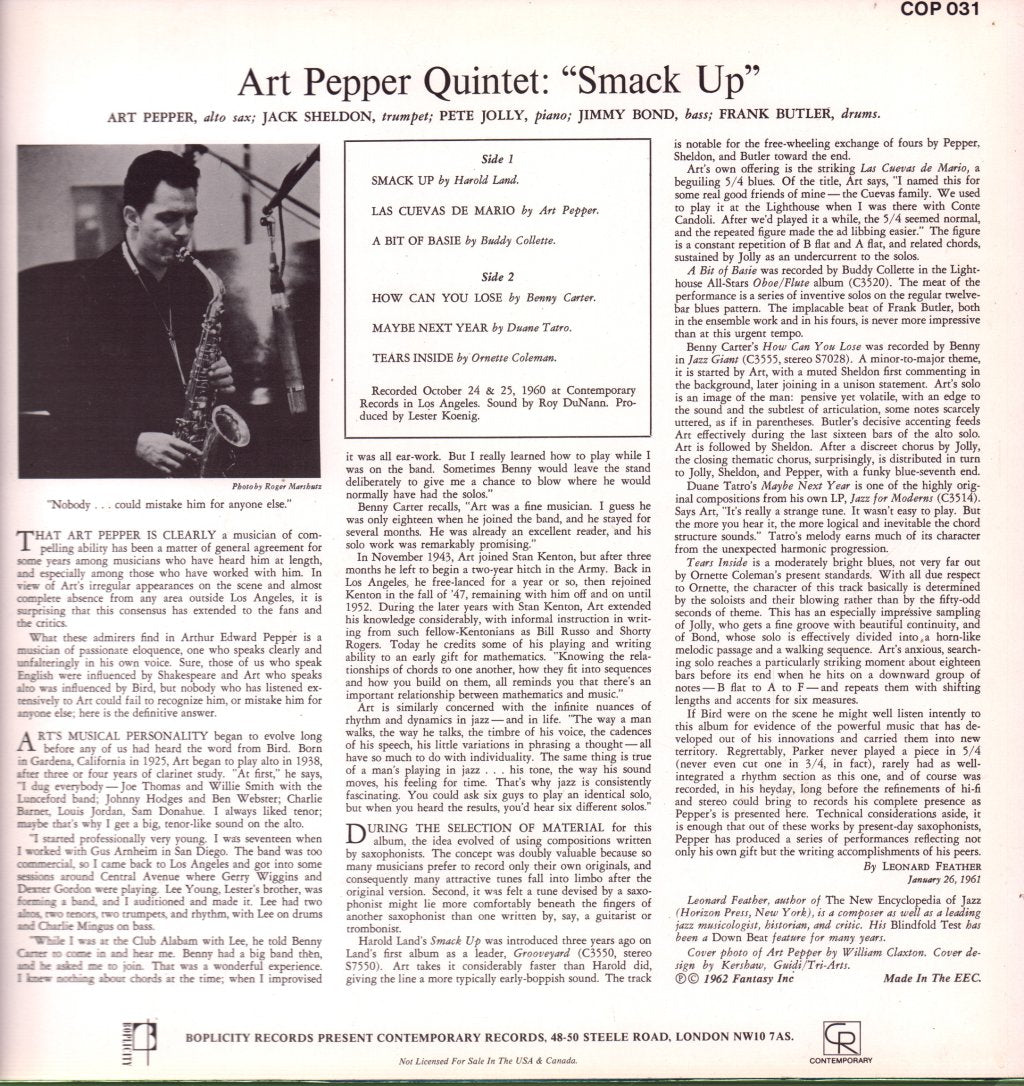 Art Pepper Quintet - Smack Up - Lp