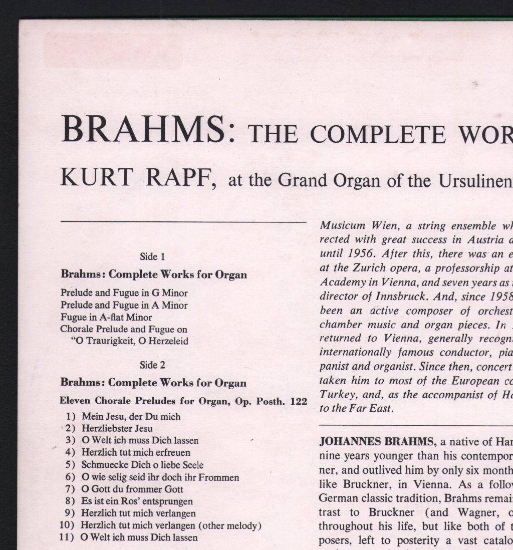 Kurt Rapf - Brahms - Complete Works For Organ - Lp