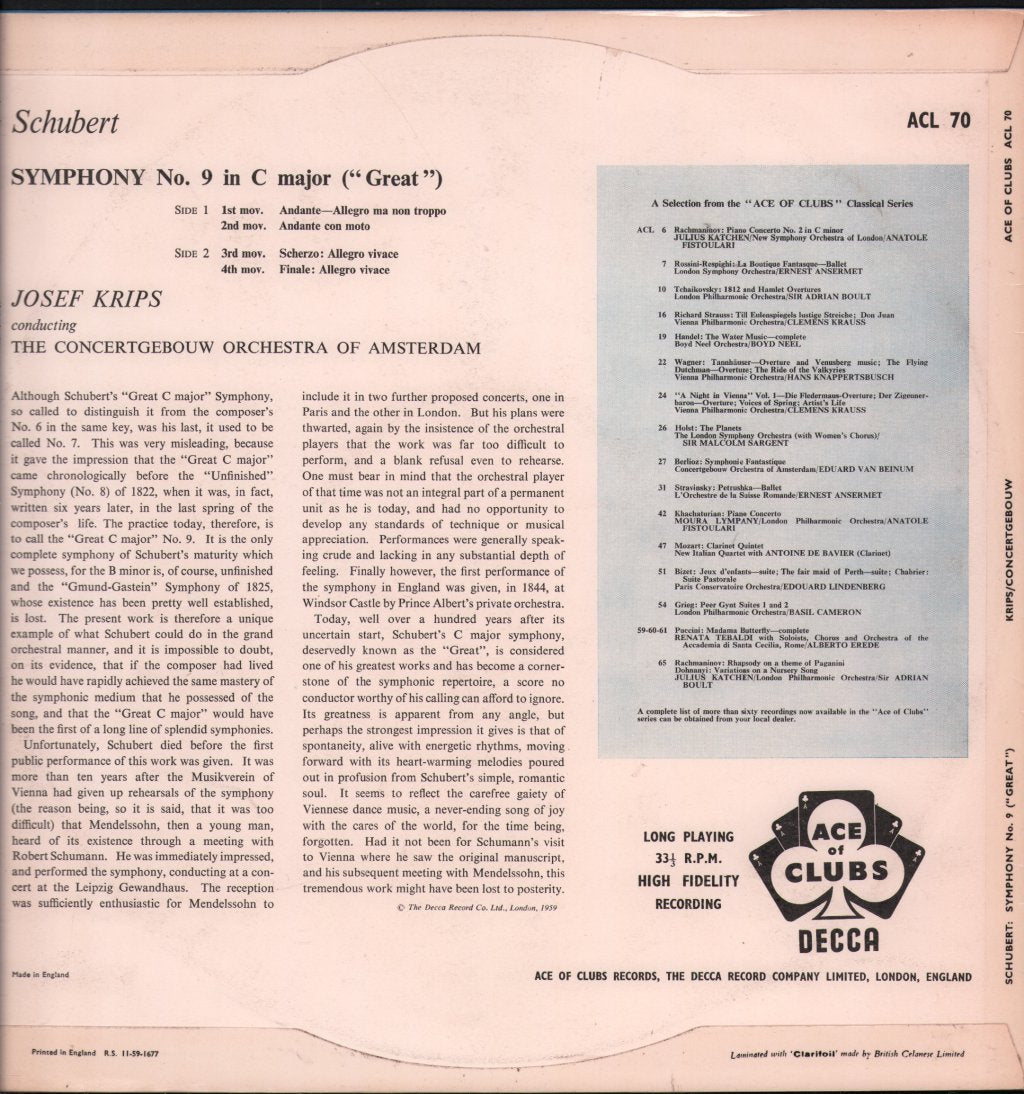 Josef Krips / Concertgebouw Orchestra of Amsterdam - Schubert - Great C Major Symphony - Lp
