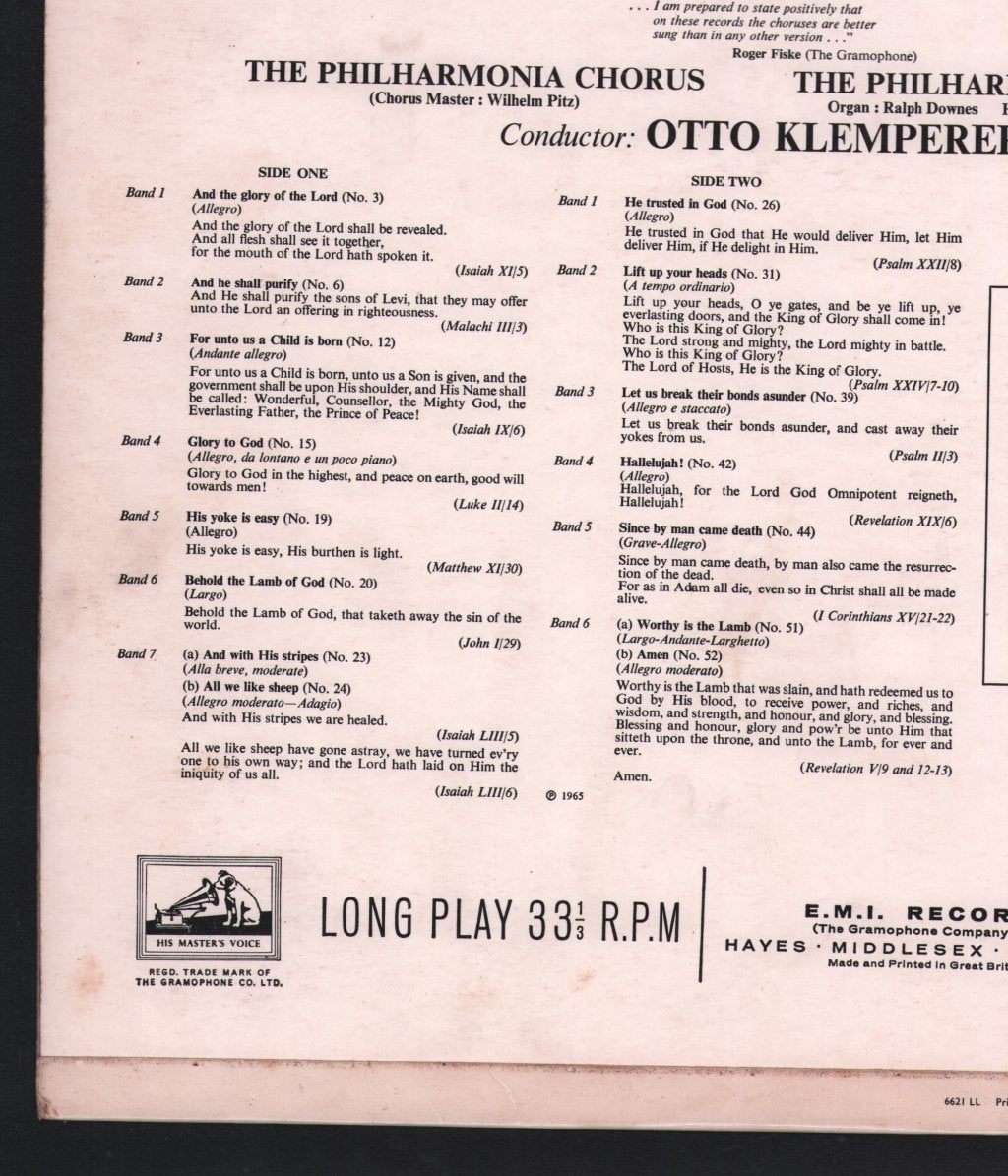 Otto Klemperer / Philharmonia Orchestra and Chorus / Wilhelm Pitz - Handel - Choruses From Messiah - Lp