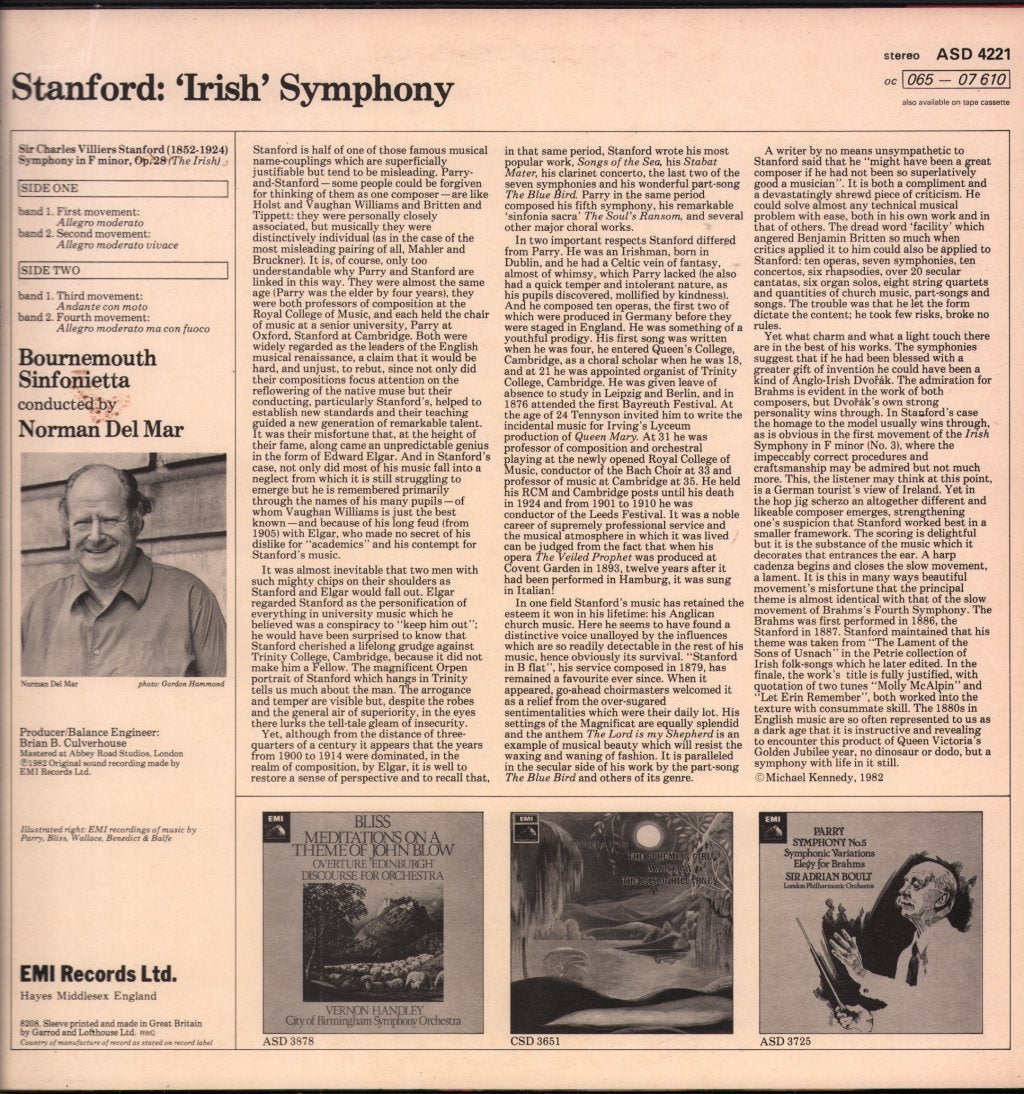 Norman Del Mar / Bournemouth Sinfonietta - Stanford - 'Irish' Symphony - Lp