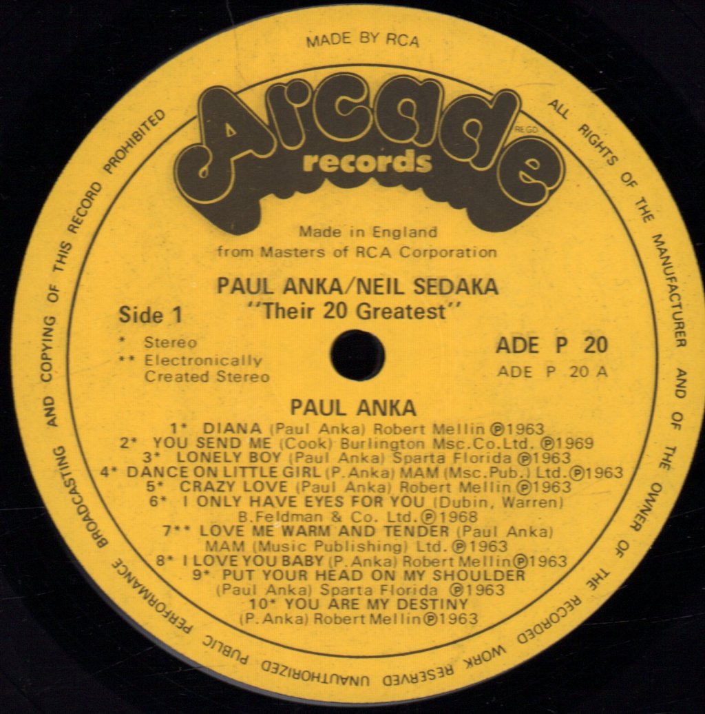 Paul Anka/Neil Sedaka - Their 20 Greatest - Lp