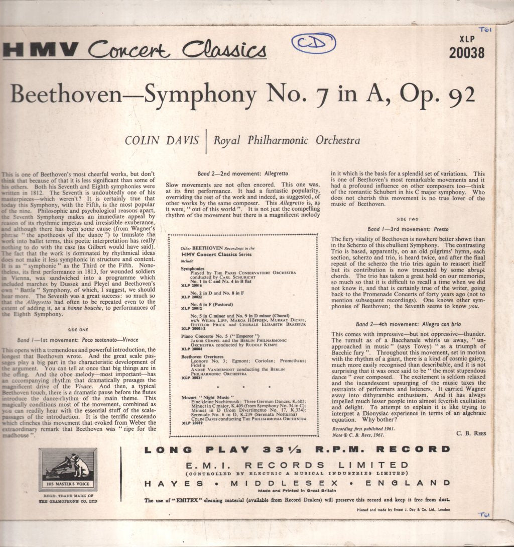 Colin Davis / Royal Philharmonic Orchestra - Beethoven - Symphony No. 7 In A, Op 92 - Lp