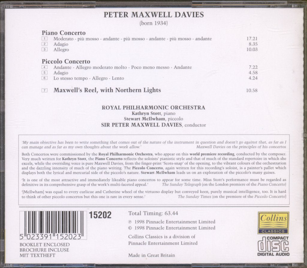 Royal Philharmonic Orchestra, Sir Peter Maxwell Davies - Maxwell Davies - Piano Concerto / Piccolo Concerto / Maxwell's Reel, With Northern Lights - Cd