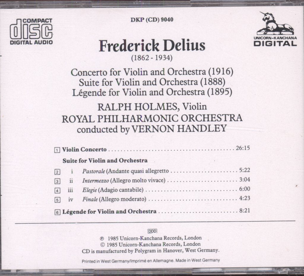 Royal Philharmonic Orchestra, Vernon Handley - Frederick Delius Violin Concerto - First Recordings Of Suite • Legende - Cd