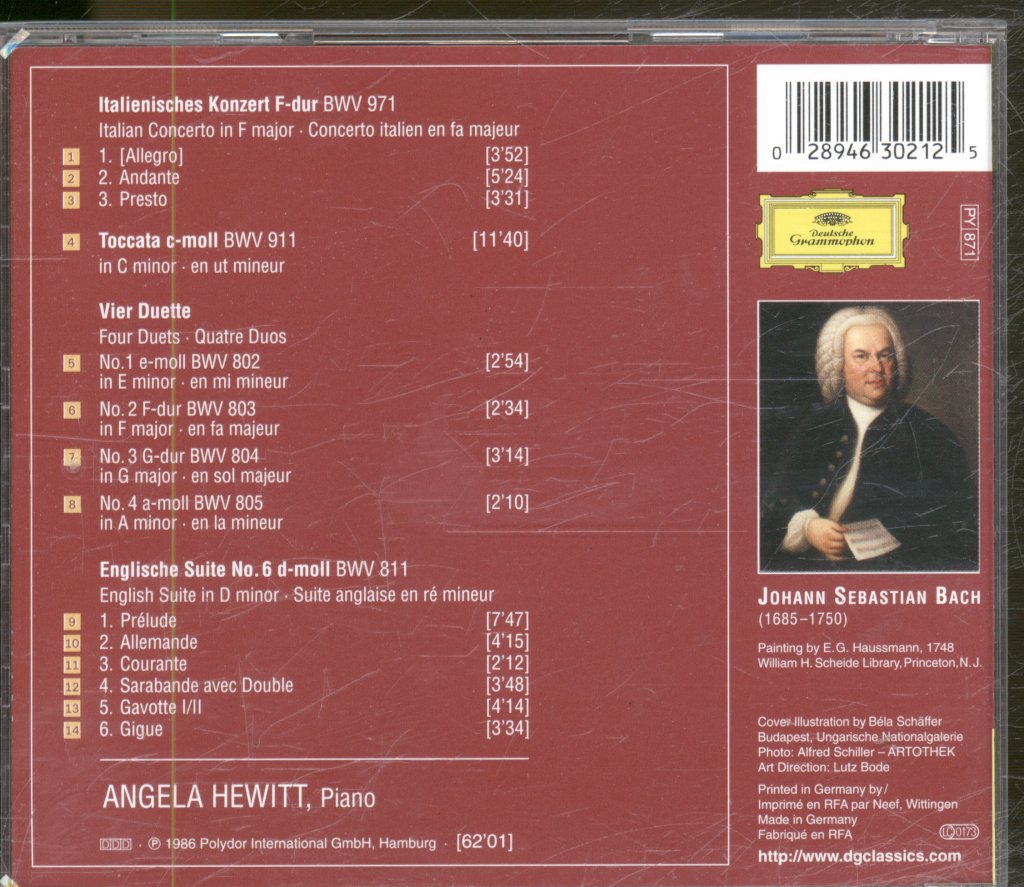 Angela Hewitt - Bach - Italienisches Konzert ‧ Englische Suite No. 6 ‧ Toccata BWV 911 ‧ 4 Duette BWV 802-805 - Cd