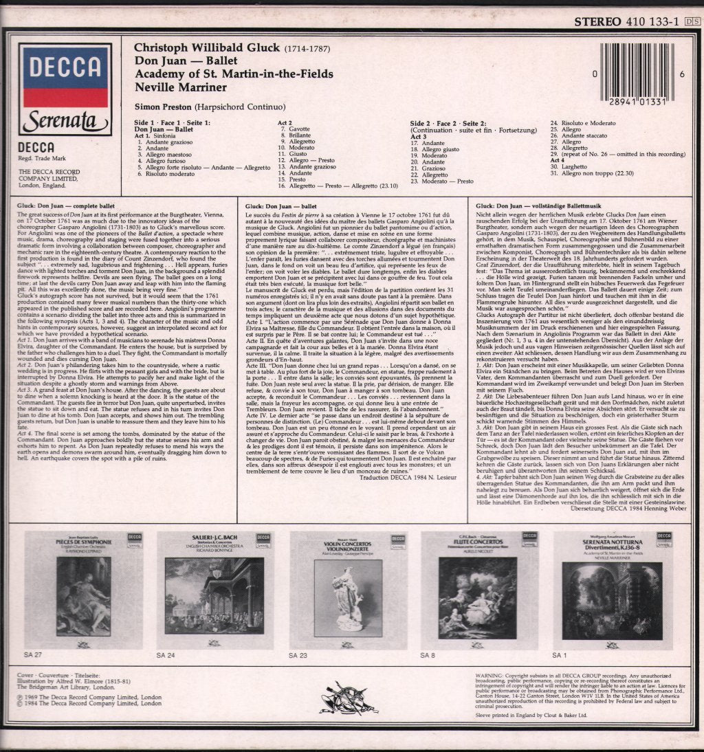 Neville Marriner / Academy Of St. Martin In The Fields - Christoph Willibald Gluck - Don Juan – Ballet - Lp