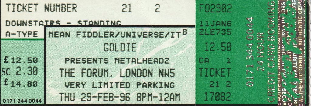 Goldie (90'S Artist) - london Forum 29/02/96 - Ticket