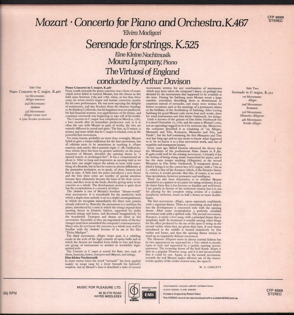 Moura Lympany / Virtuosi Of England / Arthur Davison - Mozart - Piano Concerto No. 21 Elvira Madigan - Lp