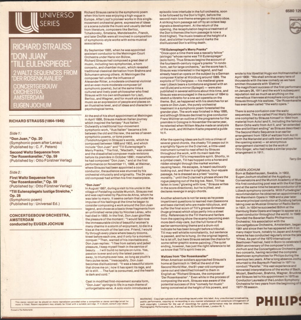 Eugen Jochum, Concertgebouw Orchestra, Amsterdam - Strauss - Don Juan / Till Eulenspiegel - Lp