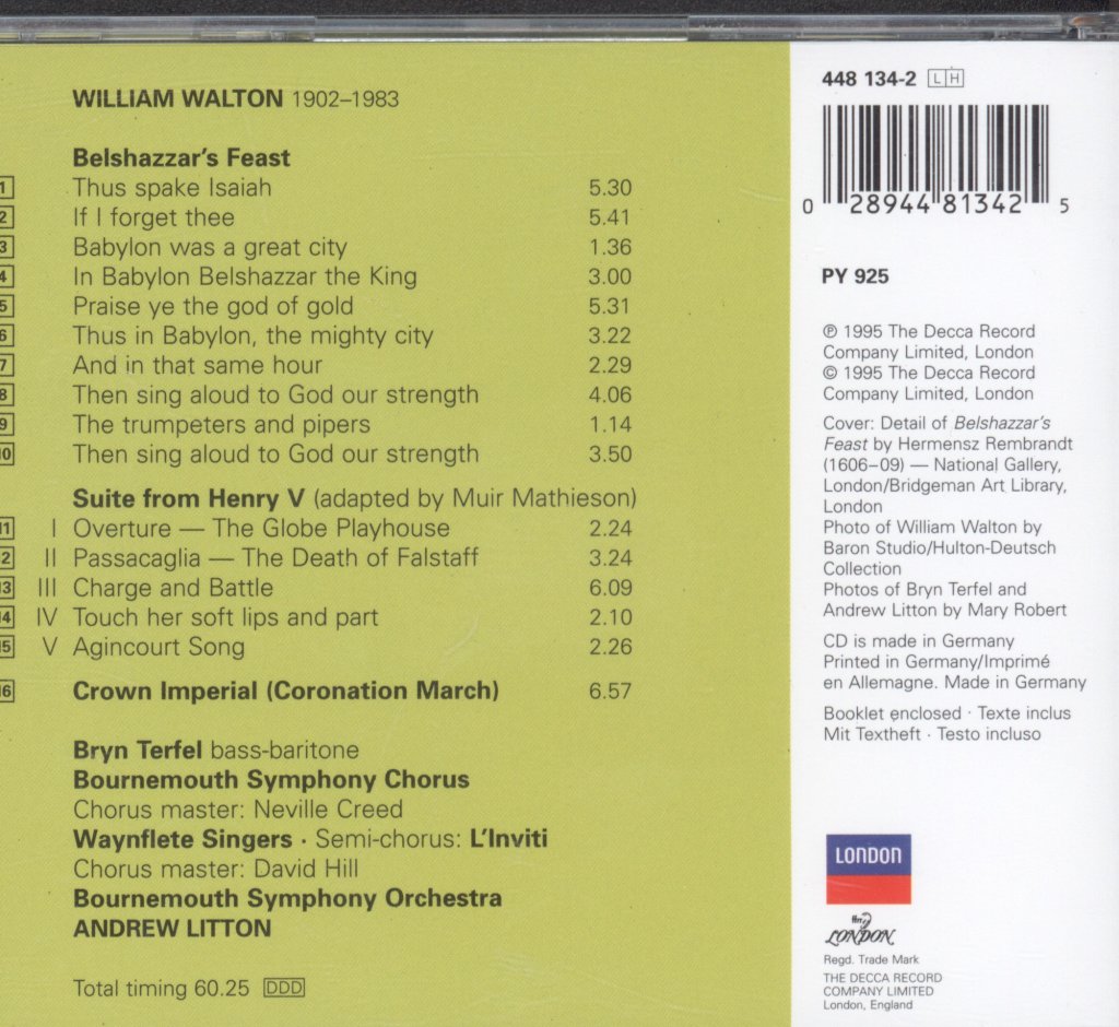 Bryn Terfel and Bournemouth Symphony Orchestra - Walton's Belshazzar's Feast - Cd
