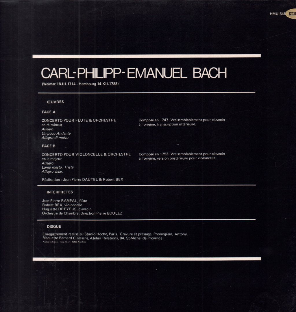 Carl Philipp Emanuel Bach - Concerto Pour Flute Concerto Pour Violoncelle - Lp