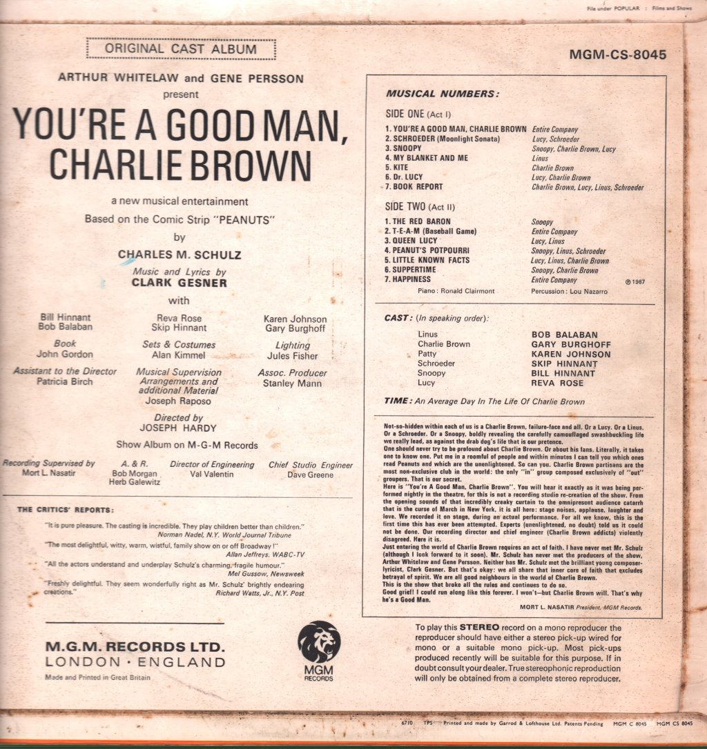 Various Artists - Original Cast Album Of "You're A Good Man Charlie Brown" - Lp