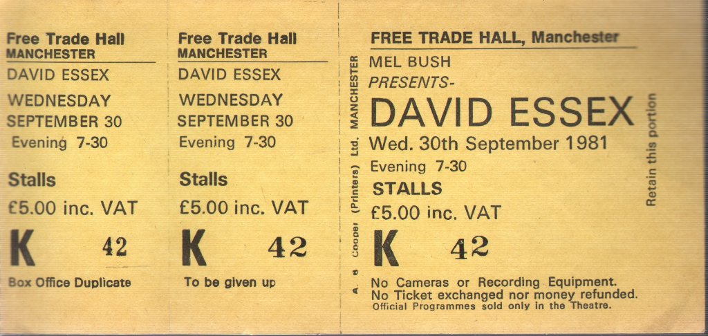David Essex - Free Trade Hall Manchester 30Th Sept 1981 - Ticket