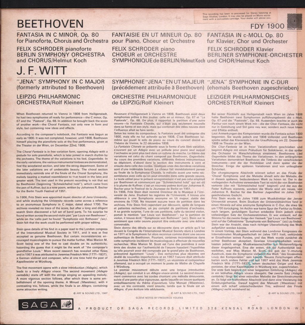 Berlin Symphony Orchestra / Helmut Koch / Leipzig Philharmonic Orchestra / Rolf Kleinert - Beethoven - Fantasia in C Minor Op 80 / J.F.Witt - Jena Symphony in C Major - Lp