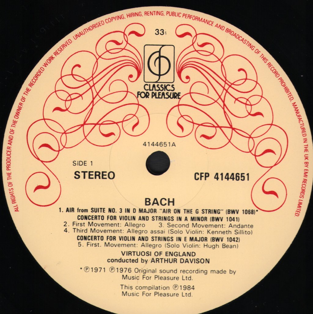 Hugh Bean / Kenneth Sillito / Virtuosi Of England - Bach - Concerto For Two Violins In D Minor - Lp