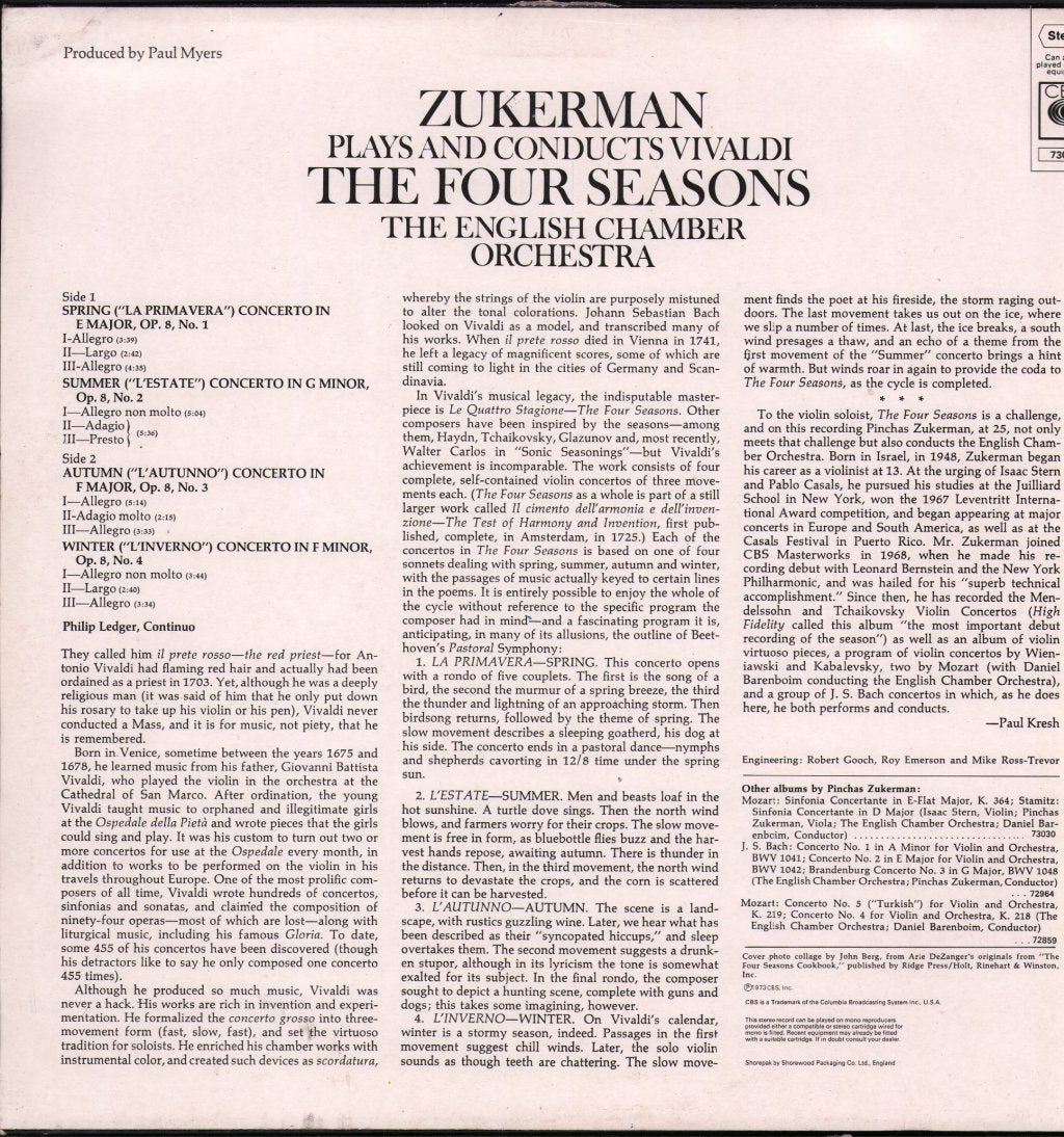 Pinchas Zukerman - Four Seasons - Lp