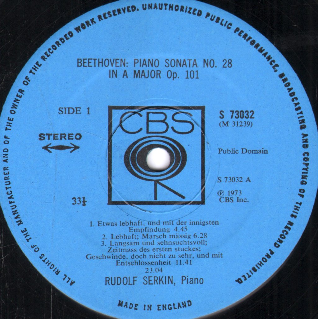 Rudolf Serkin - Beethoven - Sonata No. 28 In A Major / Sonata No. 31 In A-Flat Major - Lp