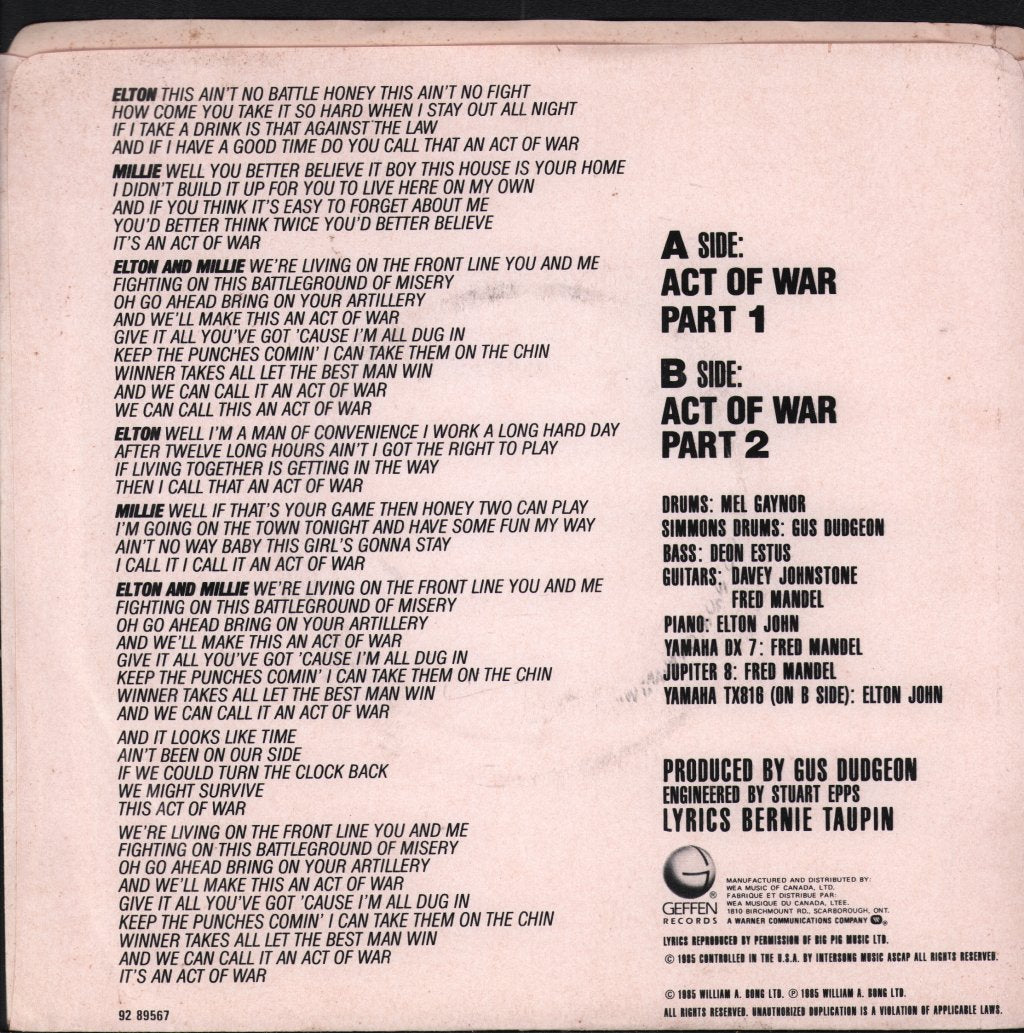Elton John And Millie Jackson - Act Of War - 7 Inch