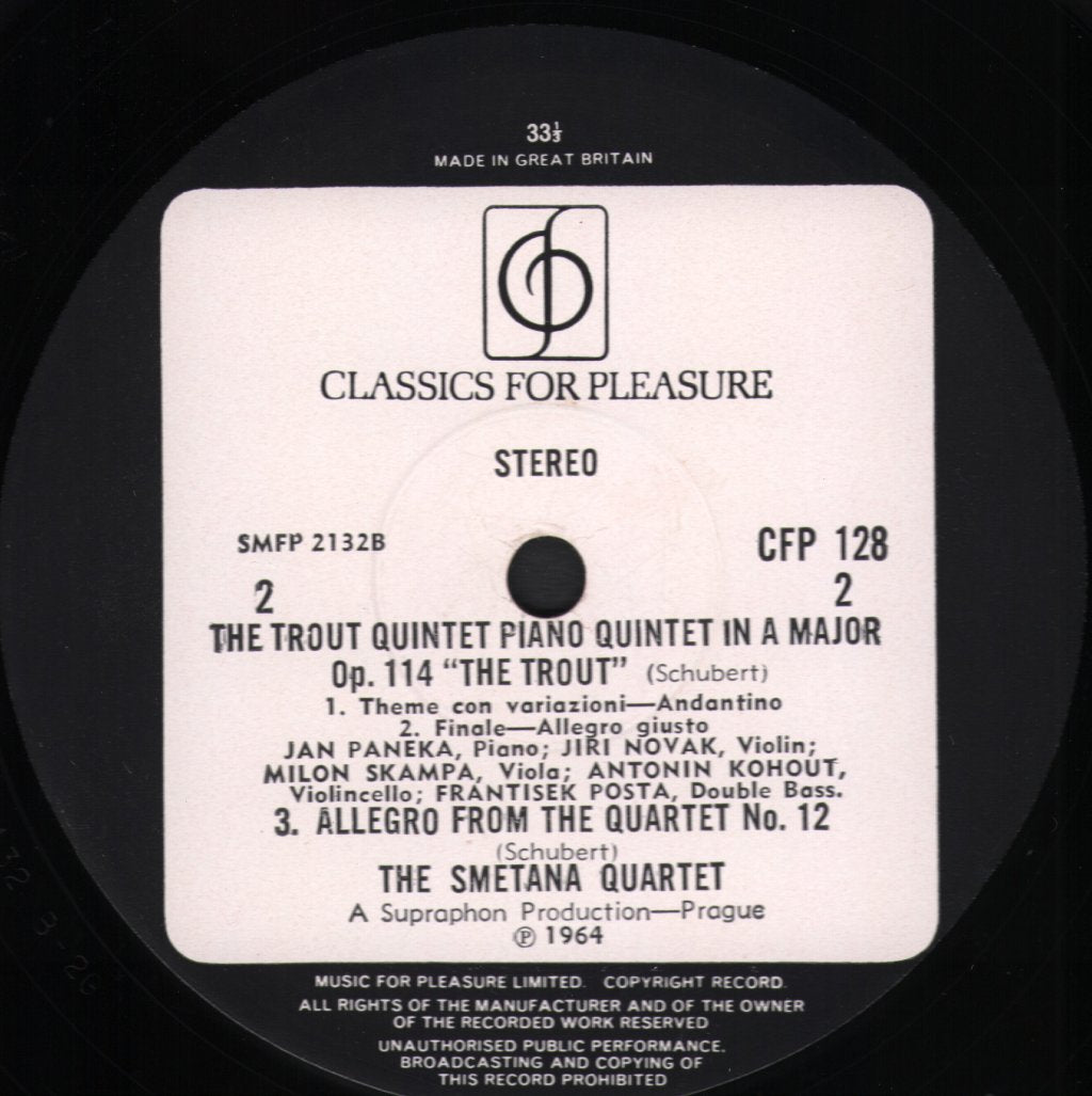 Smetana Quartet / Jan Panenka - Franz Schubert - Piano Quintet In A Major Op.114 "The Trout" - Lp